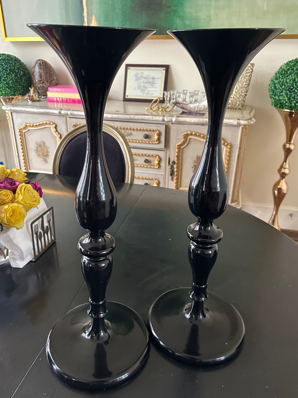 Set of 2 Black 24" Trumpet Vases Tall Wedding Event Glam Home Decor